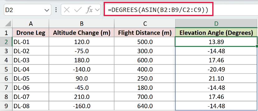 =DEGREES(ASIN(B2:B9/C2:C9)) in D2