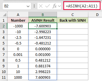 =ASINH(A2:A11) in B2