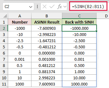 =SINH(B2:B11) in C2