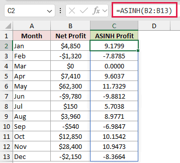 =ASINH(B2:B13) in C2
