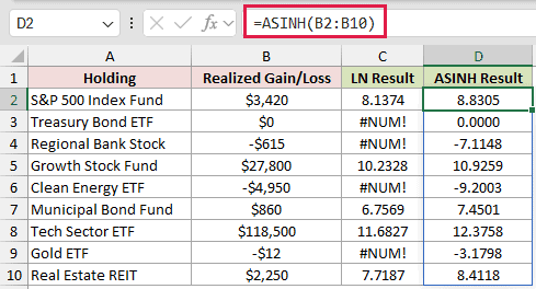 =ASINH(B2:B10) in D2