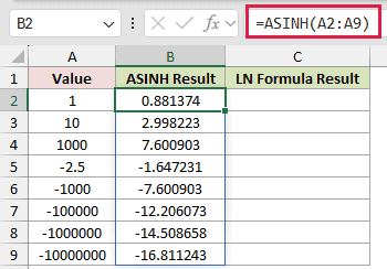=ASINH(A2:A9) in B2