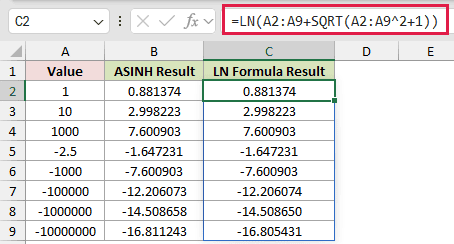 =LN(A2:A9+SQRT(A2:A9^2+1)) in C2