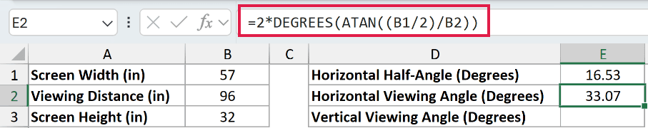 =2*DEGREES(ATAN((B1/2)/B2)) in E2