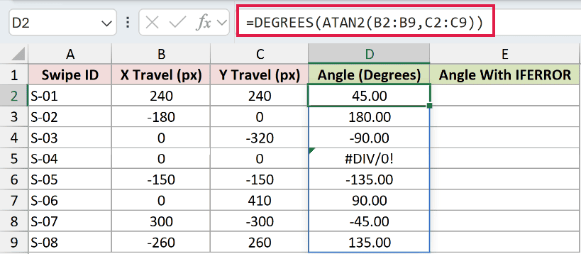 =DEGREES(ATAN2(B2:B9,C2:C9)) in D2