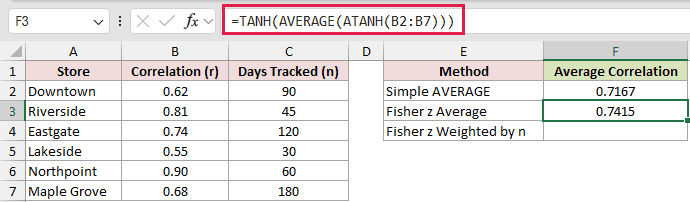 =TANH(AVERAGE(ATANH(B2:B7))) in F3