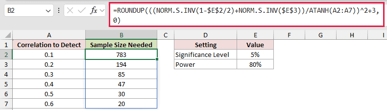 =ROUNDUP(((NORM.S.INV(1-$E$2/2)+NORM.S.INV($E$3))/ATANH(A2:A7))^2+3,0) in B2