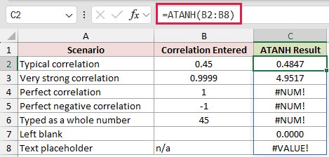 =ATANH(B2:B8) in C2