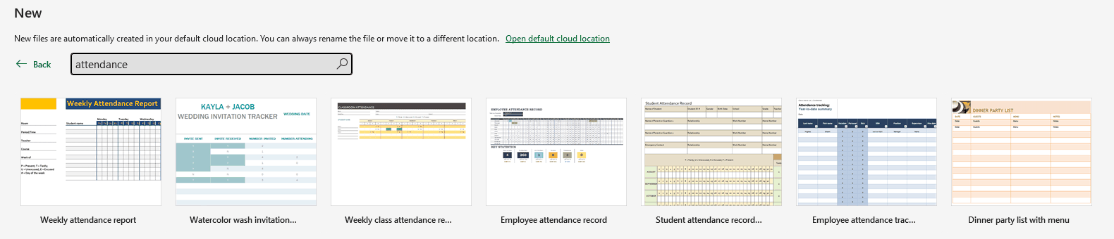 Excel's File > New screen with attendance typed in the search box and the attendance templates listed