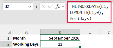 NETWORKDAYS formula in B2 returning 21 working days for September 2026