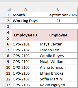 The month and working days in A1:B2 with employee IDs and names in A6:B13