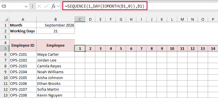 SEQUENCE formula in C5 spilling one date per day of September across the header row