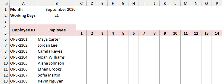 The tracker with day numbers 1 to 30 in row 5 and an empty row above them