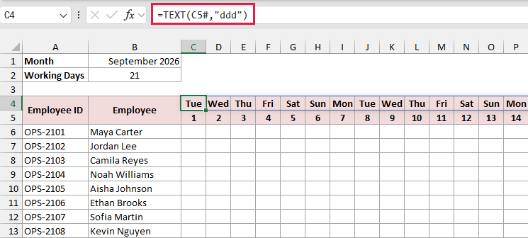TEXT formula in C4 spilling the short weekday names above each date