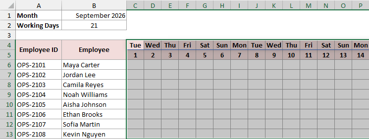 Range C4:AG13 selected, covering the weekday row, the dates, and the attendance cells