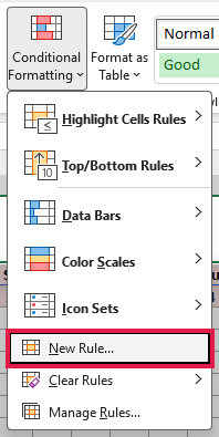 Home > Conditional Formatting menu with New Rule highlighted