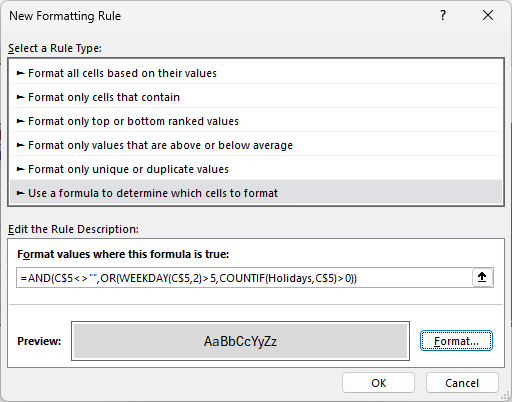 New Formatting Rule dialog with the WEEKDAY and COUNTIF holiday formula and a light gray fill