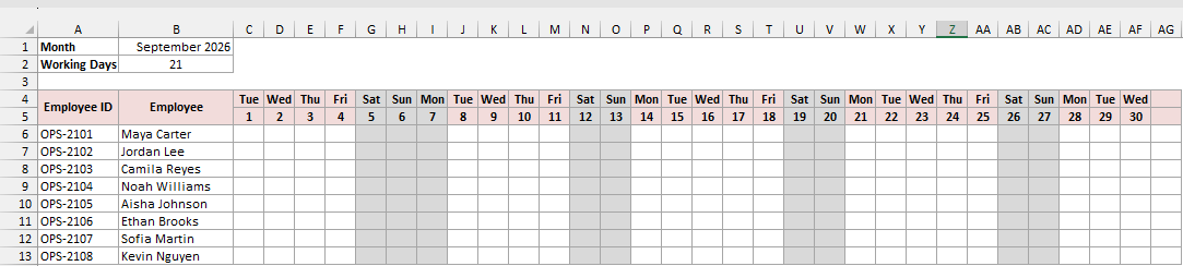 Weekend columns and the Labor Day column shaded gray in the attendance tracker