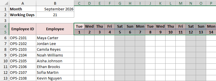 Range C4:AG5 selected, the weekday and date rows