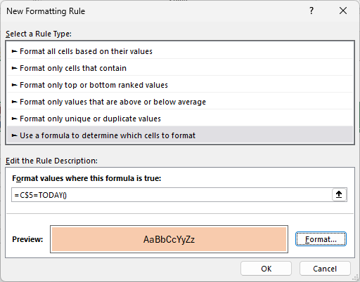 New Formatting Rule dialog with the formula =C$5=TODAY() and an orange fill