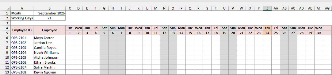 Today's date column header highlighted in orange in the attendance tracker