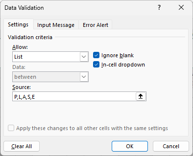 Data Validation dialog with List selected and P,L,A,S,E as the source