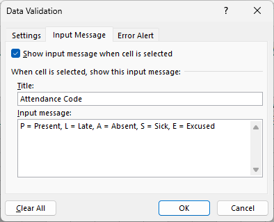 Input Message tab with the title Attendance Code and a message explaining each code