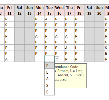 The in-cell drop-down open on an attendance cell showing the codes P, L, A, S, and E