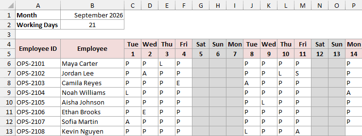 The attendance grid filled in with codes for September, with weekends and Labor Day left empty