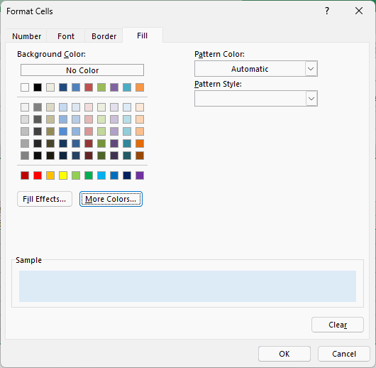 Format Cells Fill tab from the Equal To dialog with a light blue color picked for the S code