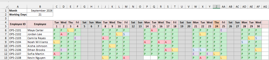 Attendance codes color-coded: P green, L yellow, A red, S blue, and E purple