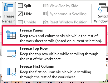 View > Freeze Panes menu with Freeze Panes highlighted