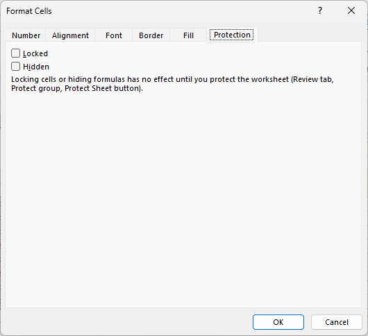 Format Cells dialog on the Protection tab with the Locked box unchecked