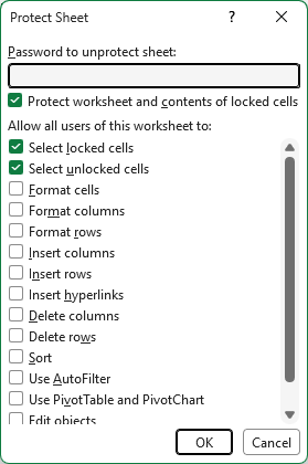 Protect Sheet dialog with the default options and an optional password box