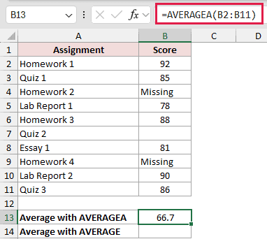 =AVERAGEA(B2:B11) in B13