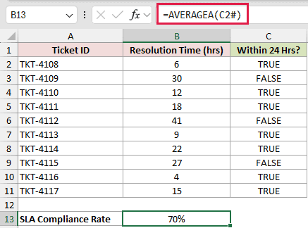 =AVERAGEA(C2#) in B13