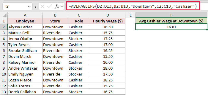 =AVERAGEIFS(D2:D13,B2:B13,"Downtown",C2:C13,"Cashier") in F2