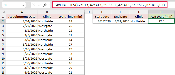 =AVERAGEIFS(C2:C13,A2:A13,">="&E2,A2:A13,"<="&F2,B2:B13,G2) in H2