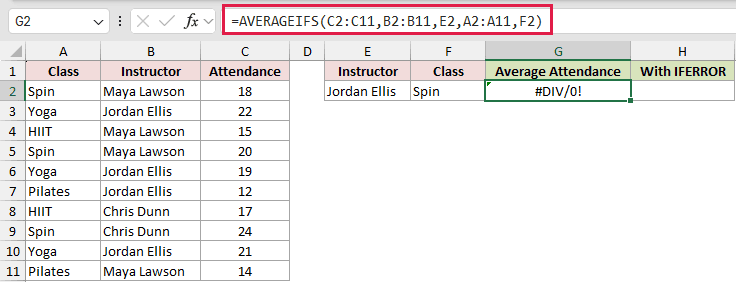 =AVERAGEIFS(C2:C11,B2:B11,E2,A2:A11,F2) in G2