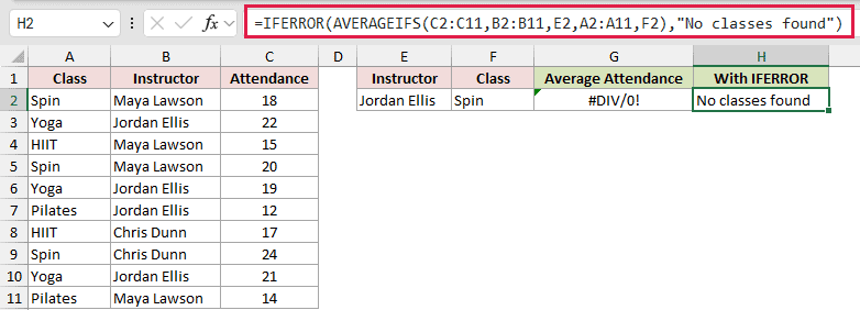 =IFERROR(AVERAGEIFS(C2:C11,B2:B11,E2,A2:A11,F2),"No classes found") in H2
