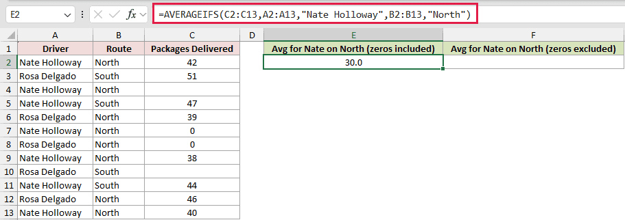 =AVERAGEIFS(C2:C13,A2:A13,"Nate Holloway",B2:B13,"North") in E2
