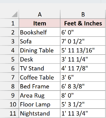 Dataset with furniture items in column A and lengths typed as feet-and-inches text in column B