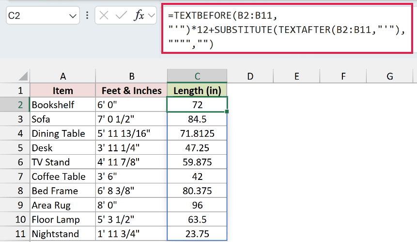 TEXTBEFORE and TEXTAFTER formula converting feet-and-inches text back to total inches, such as 71.8125