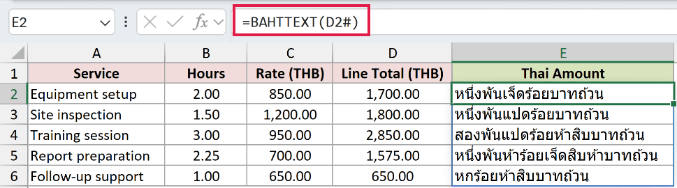 =BAHTTEXT(D2#) in E2