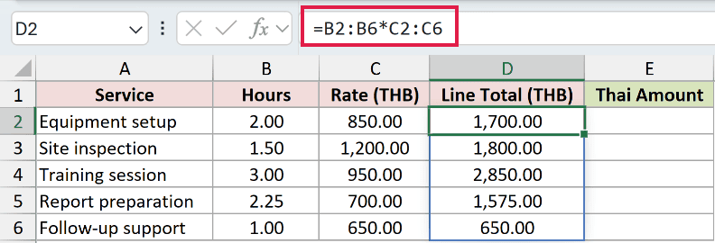=B2:B6*C2:C6 in D2