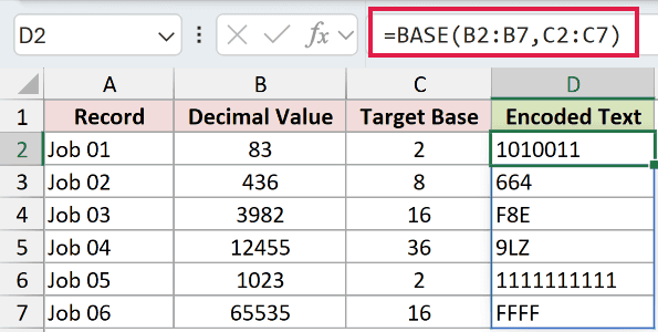 =BASE(B2:B7,C2:C7) in D2