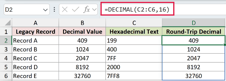 =DECIMAL(C2:C6,16) in D2