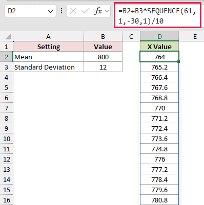 SEQUENCE formula in D2 spilling X values that start at 764 and step by 1.2
