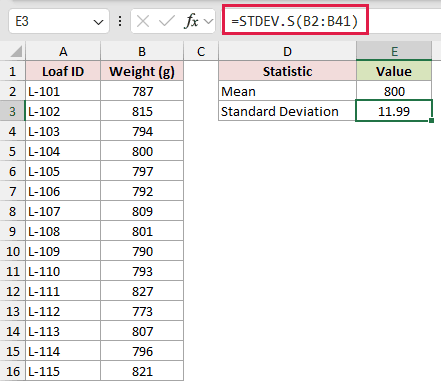 STDEV.S formula in E3 returning a standard deviation of 11.99