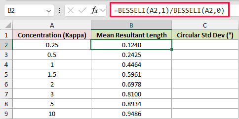 =BESSELI(A2,1)/BESSELI(A2,0) in B2